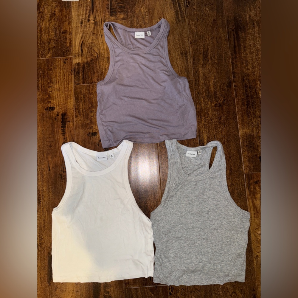 Set of Three Sunday Best Tank Tops in Gray, White, and Purple from Aritzia